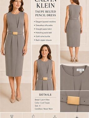 Calvin Klein Cool Taupe Sleeveless Belted Pencil Dress